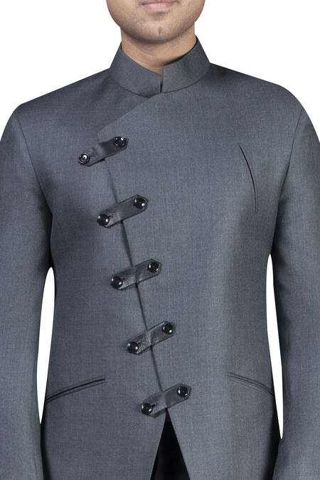 Buy_Nivedita Saboo_Grey Suiting Asymmetric Overlapped Bandhgala With Trouser  _Online_at_Aza_Fashions