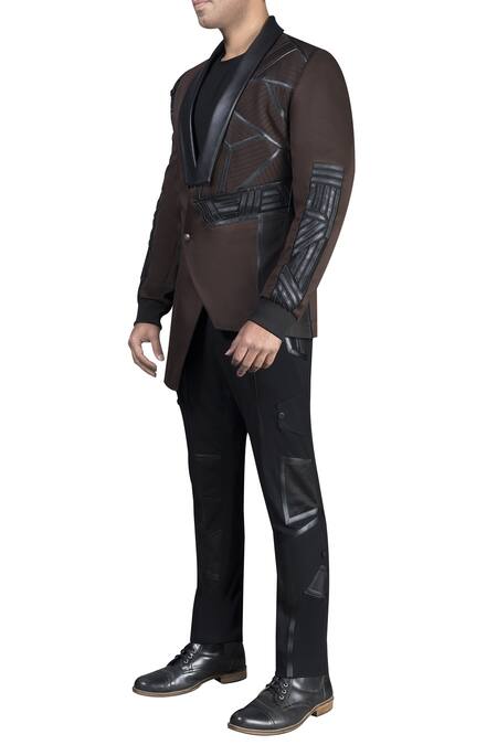 Nivedita Saboo_Black Scuba Leather Asymmetric Detailed Jacket With Athleisure Pant  _Online_at_Aza_Fashions