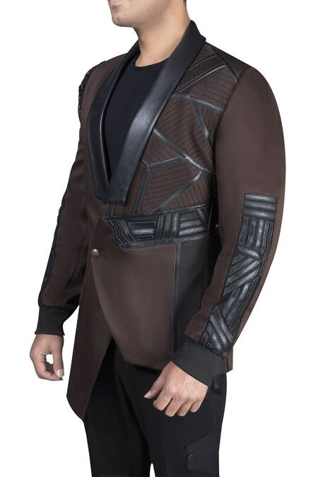 Buy_Nivedita Saboo_Black Scuba Leather Asymmetric Detailed Jacket With Athleisure Pant  _Online_at_Aza_Fashions