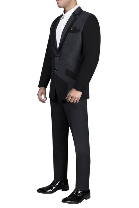 Nivedita Saboo_Black Suiting Fabric Leather Notch Wth Quilted Jacket Trouser Set  _Online_at_Aza_Fashions