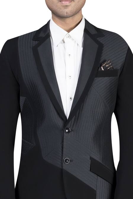 Buy_Nivedita Saboo_Black Suiting Fabric Leather Notch Wth Quilted Jacket Trouser Set  _Online_at_Aza_Fashions