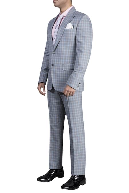 Nivedita Saboo_Blue Suiting Fabric Checkered Tuxedo Set  _Online_at_Aza_Fashions