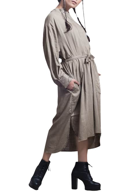 Bohame_Green Cotton Cutdana, Sequins Round High Low Style Shirt Dress _Online_at_Aza_Fashions