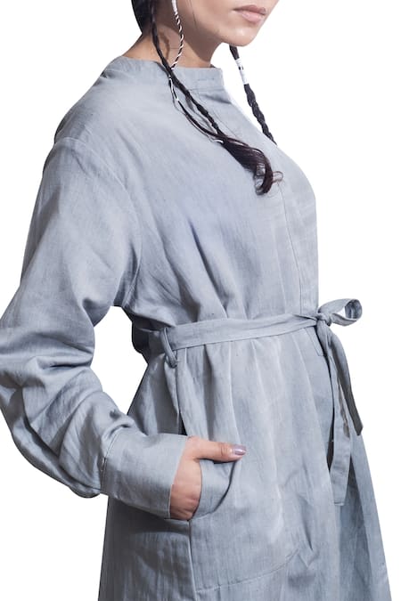 Bohame_Grey Cotton Cutdana, Sequins Round Midi Dress With Waistband _Online_at_Aza_Fashions