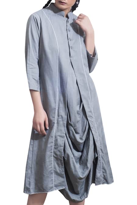 Bohame_Grey Cotton Cutdana, Sequins Round Cowl Pleated Dress With Utility Pockets _Online_at_Aza_Fashions