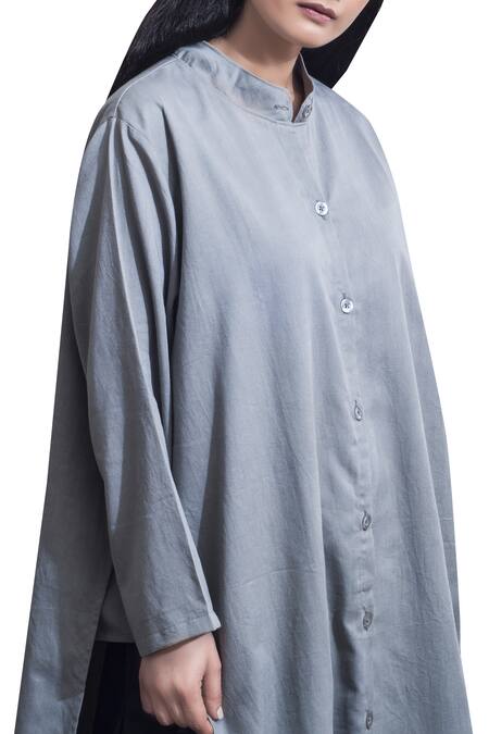 Bohame_Grey Cotton Cutdana, Sequins Round Loose Fit Asymmetric Tunic _Online_at_Aza_Fashions