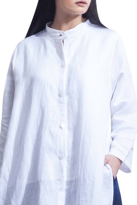 Bohame_White Cotton Cutdana, Sequins Round Oversized High Low Tunic _Online_at_Aza_Fashions