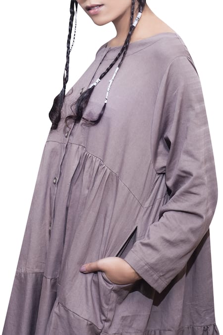 Bohame_Purple Cotton Cutdana, Sequins Round Tiered Shirt Dress _Online_at_Aza_Fashions