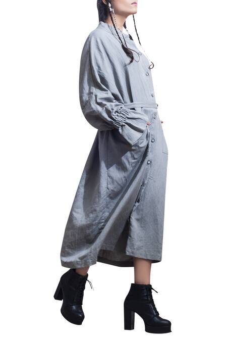 Bohame_Grey Cotton Cutdana, Sequins Round Button Down Midi Dress With Belt _Online_at_Aza_Fashions