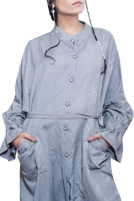 Buy_Bohame_Grey Cotton Cutdana, Sequins Round Button Down Midi Dress With Belt _Online_at_Aza_Fashions