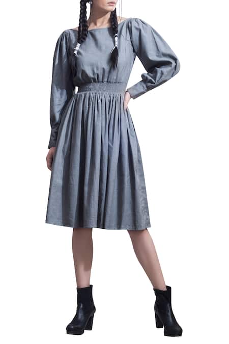 Bohame_Grey Cotton Cutdana, Sequins Round Midi Dress _Online_at_Aza_Fashions
