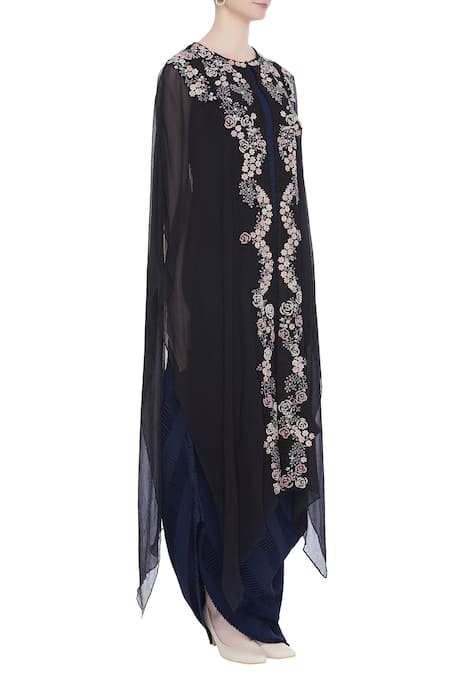 Kavita Bhartia_Blue Round Draped Gown With Cape  _Online_at_Aza_Fashions