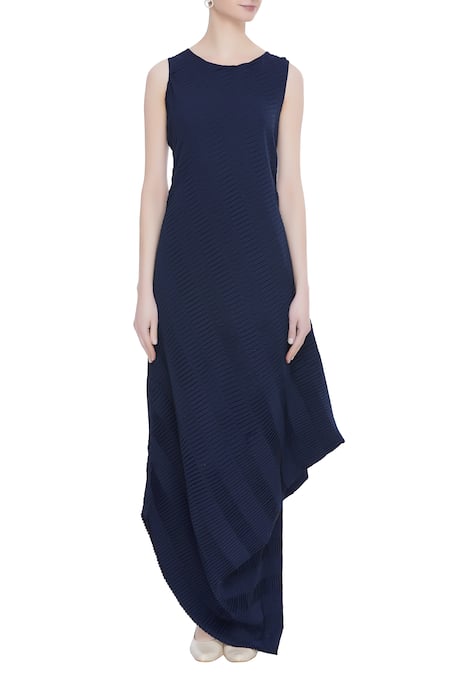 Shop_Kavita Bhartia_Blue Round Draped Gown With Cape  _Online_at_Aza_Fashions