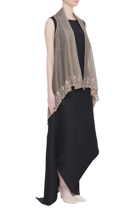 Kavita Bhartia_Black Round Draped Dress With Jacket  _Online_at_Aza_Fashions