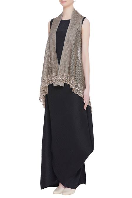 Buy_Kavita Bhartia_Black Round Draped Dress With Jacket  _Online_at_Aza_Fashions