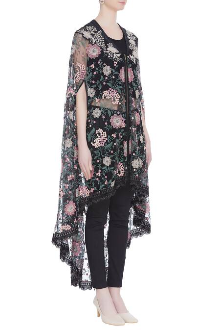 Kavita Bhartia_Black Round Asymmetric Cape And Pant Set  _Online_at_Aza_Fashions