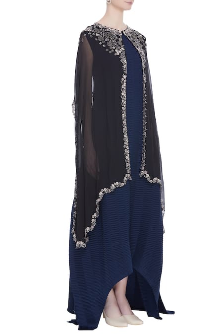 Kavita Bhartia_Blue Round Asymmetric Dress With Cape  _Online_at_Aza_Fashions