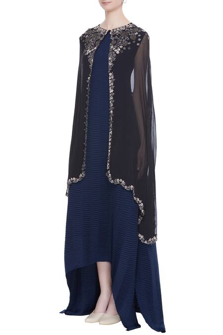 Buy_Kavita Bhartia_Blue Round Asymmetric Dress With Cape  _Online_at_Aza_Fashions