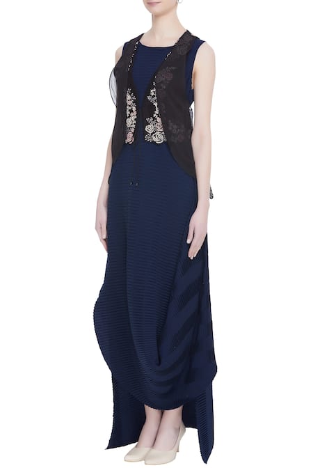 Kavita Bhartia_Blue Round Draped Gown With Jacket  _Online_at_Aza_Fashions