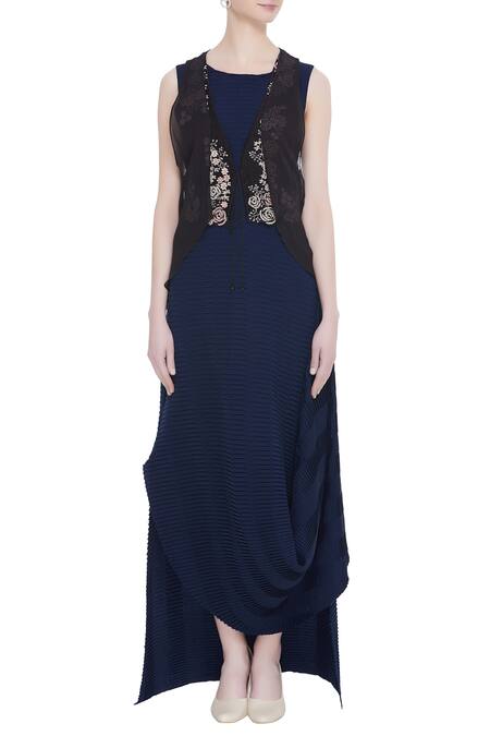 Buy_Kavita Bhartia_Blue Round Draped Gown With Jacket  _Online_at_Aza_Fashions