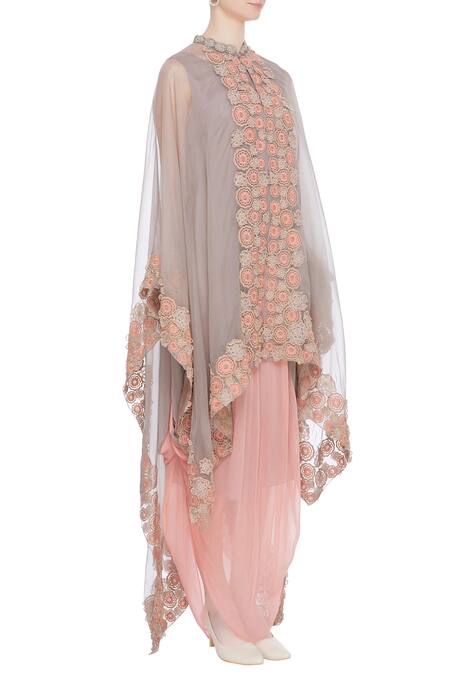 Kavita Bhartia_Grey Cape Mandarin Collar Tunic Round Embroidered With  _Online_at_Aza_Fashions