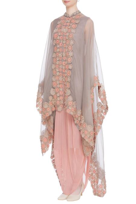 Buy_Kavita Bhartia_Grey Cape Mandarin Collar Tunic Round Embroidered With  _Online_at_Aza_Fashions