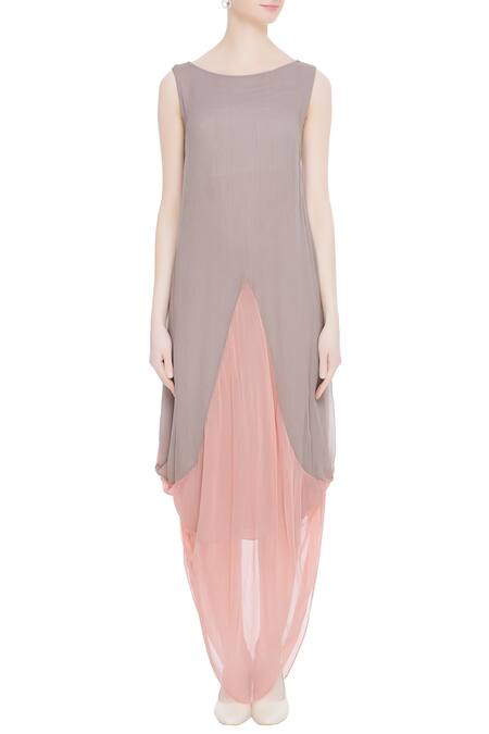 Shop_Kavita Bhartia_Grey Cape Mandarin Collar Tunic Round Embroidered With  _Online_at_Aza_Fashions