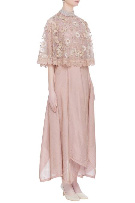 Kavita Bhartia_Pink Round Gown With Embroidered Cape  _Online_at_Aza_Fashions