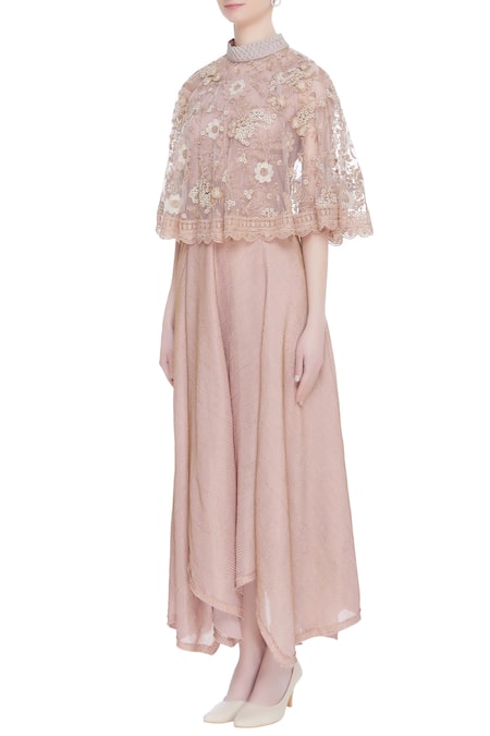 Buy_Kavita Bhartia_Pink Round Gown With Embroidered Cape  _Online_at_Aza_Fashions