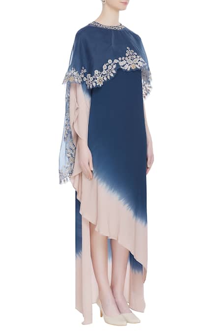 Kavita Bhartia_Blue Round Asymmetric Gown With Embroidered Cape  _Online_at_Aza_Fashions
