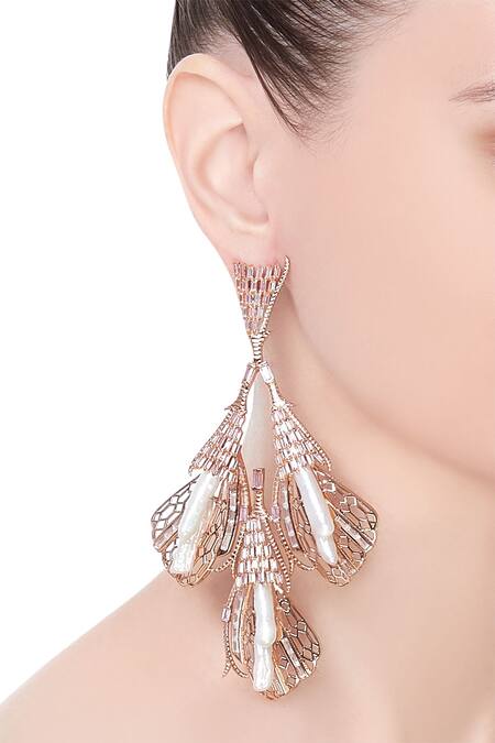 Shop_Outhouse_Gold Plated Pearls, Crystals Enchanted Keshi Cascade Earrings_at_Aza_Fashions