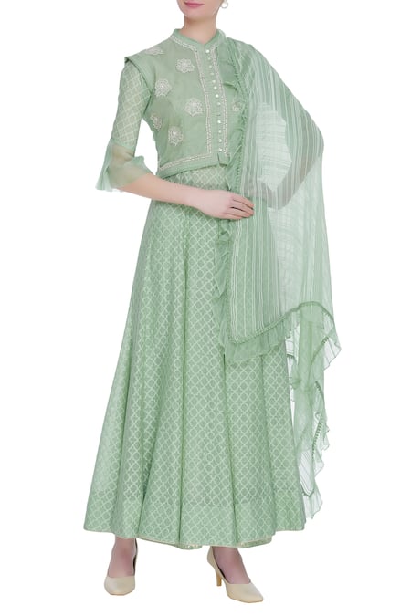 House Of Kotwara Green Mandarin Collar Chanderi Chikankari Jacket And Anarkali Set  