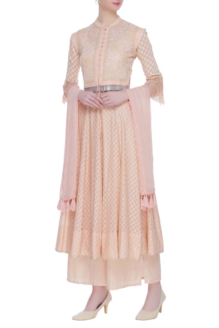 House Of Kotwara Chanderi Chikankari Jacket & Anarkali Set 