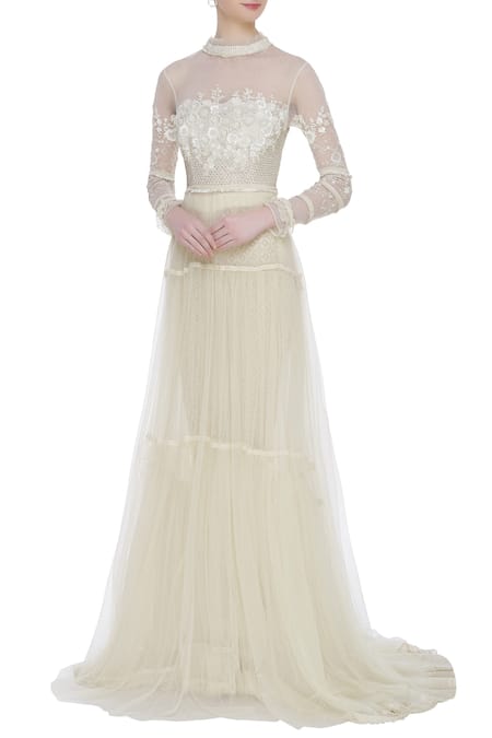 House of Kotwara White Round Sheer Train Gown With Pants  