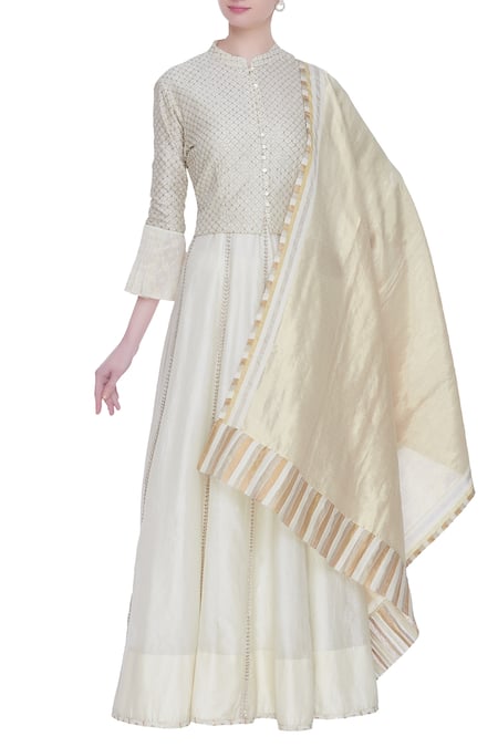 House of Kotwara White Jacket Mandarin Collar Anarkali Round Chanderi And Set  