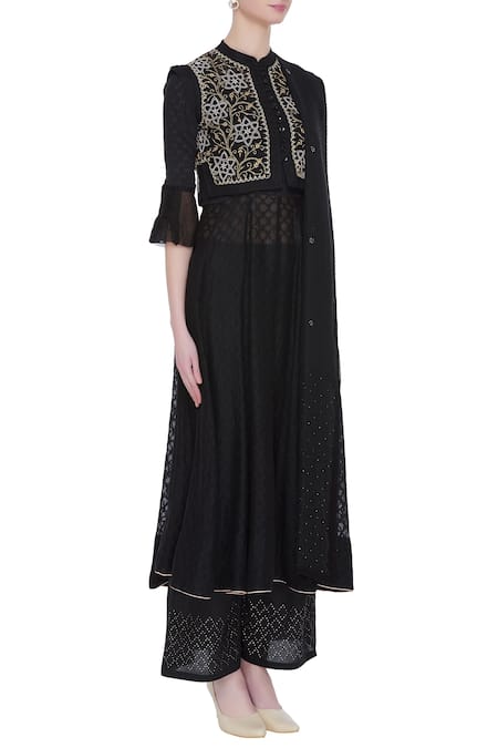 House Of Kotwara_Black Mandarin Collar Chikankari Jacket And Anarkali Set  _Online_at_Aza_Fashions