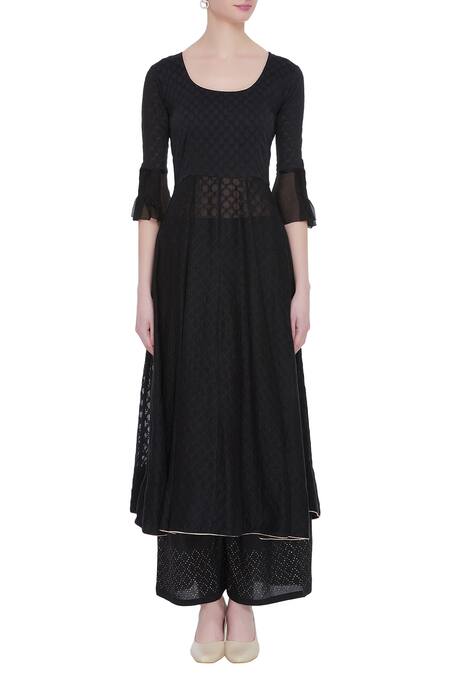 Buy_House Of Kotwara_Black Mandarin Collar Chikankari Jacket And Anarkali Set  _Online_at_Aza_Fashions