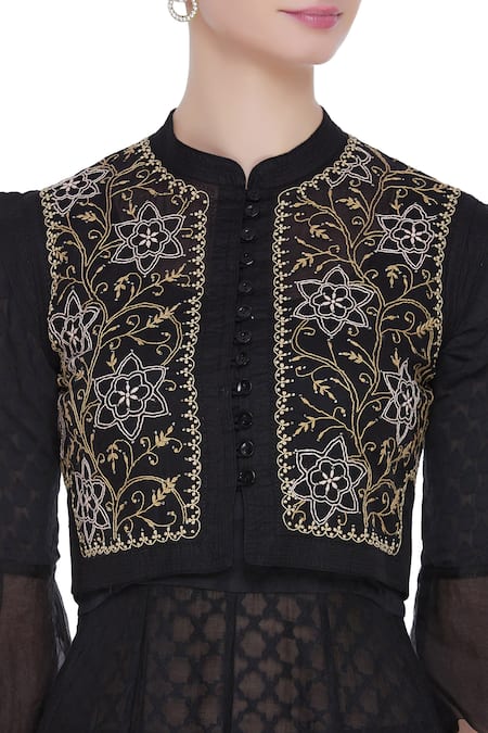 Shop_House Of Kotwara_Black Mandarin Collar Chikankari Jacket And Anarkali Set  _Online_at_Aza_Fashions