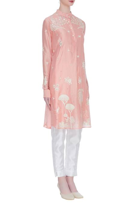 Sahil Kochhar_Peach Band Collar Chanderi Embroidered Kurta _Online_at_Aza_Fashions