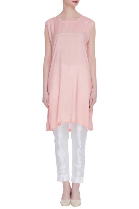 Buy_Sahil Kochhar_Peach Band Collar Chanderi Embroidered Kurta _Online_at_Aza_Fashions