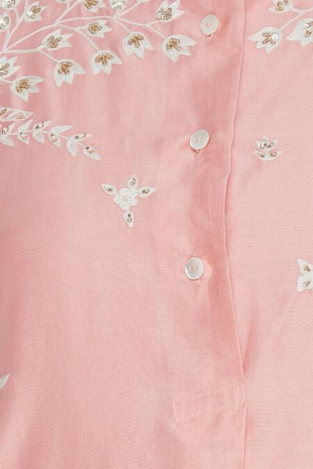 Sahil Kochhar_Peach Band Collar Chanderi Embroidered Kurta _at_Aza_Fashions