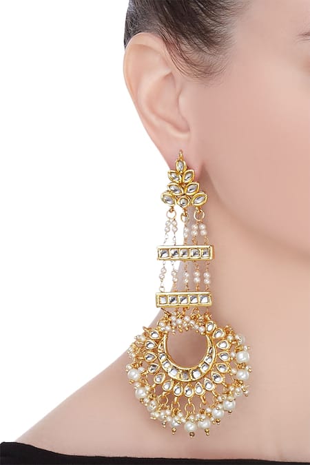 Shop_Just Shradha's_Gold Plated Beads, Crystals Drop Chandbalis _at_Aza_Fashions