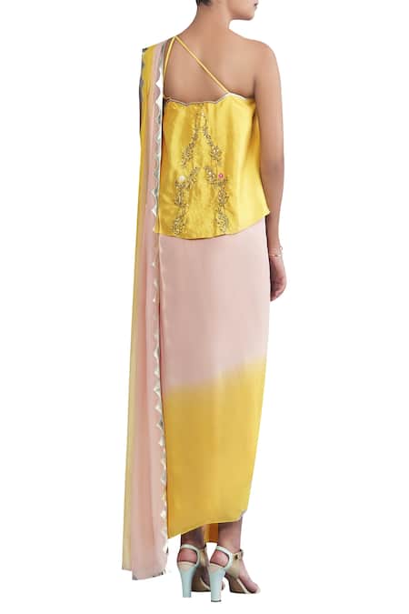 Shop_Limerick by Abirr N' Nanki_Yellow Silk, Georgette Sequin Ombre Draped Saree _at_Aza_Fashions