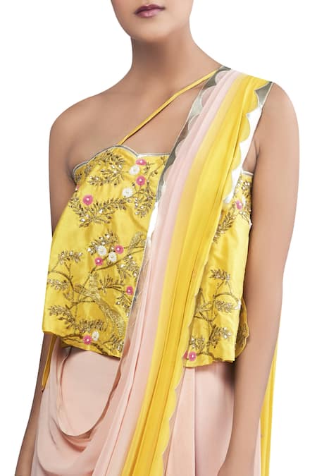 Limerick by Abirr N' Nanki_Yellow Silk, Georgette Sequin Ombre Draped Saree _Online_at_Aza_Fashions
