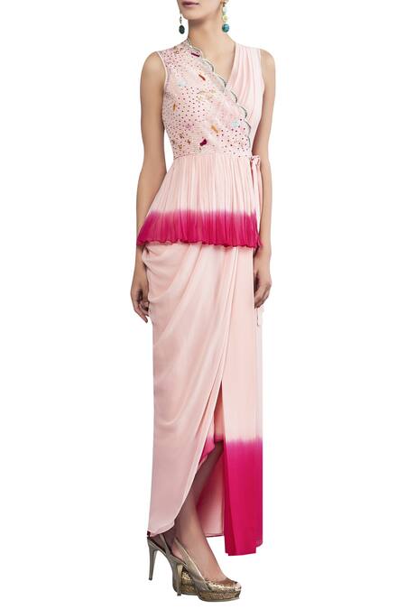 Limerick by Abirr N' Nanki Pink Saree- Silk Georgette Placement Embroidery V Draped With Peplum Jacket