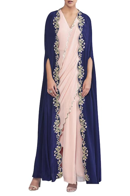 Limerick by Abirr N' Nanki Blue Saree Silk Georgette V Neck Gown With Embroidered Cape 