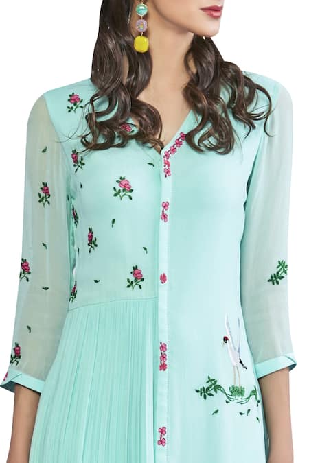 Limerick By Abirr N' Nanki_Blue Silk Georgette Crewel Round Asymmetric Pleated Tunic _Online_at_Aza_Fashions