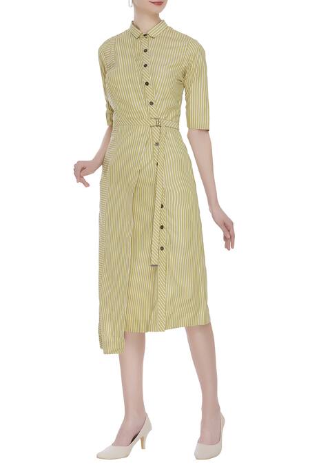 Buy NOTEBOOK Yellow Collared Neck Striped Asymmetric Shirt Dress at Aza Fashions Buy_NOTEBOOK_Yellow Collared Neck Striped Asymmetric Shirt Dress _at_Aza_Fashions