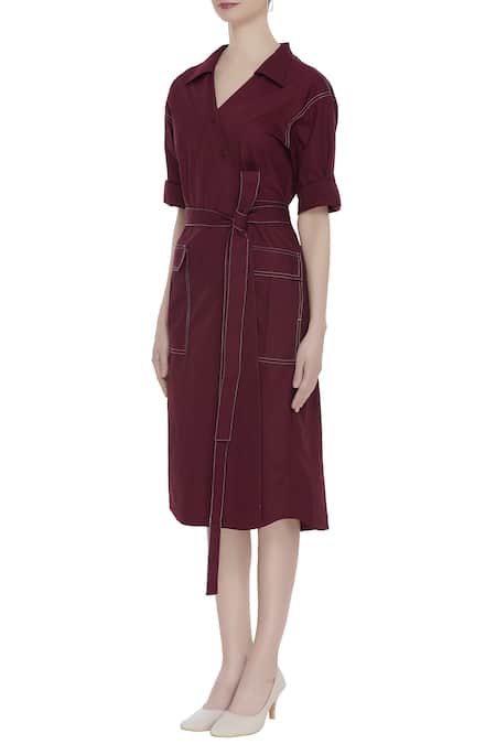 Buy_NOTEBOOK_Wine Cotton Shirt Collar Solid Wrap Dress_Online_at_Aza_Fashions