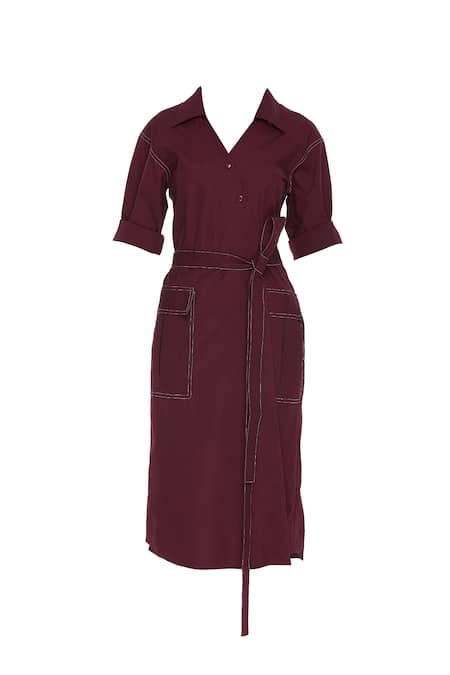 Shop_NOTEBOOK_Wine Cotton Shirt Collar Solid Wrap Dress_Online_at_Aza_Fashions